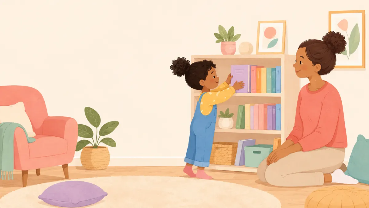 Young child organizing books with a parent nearby