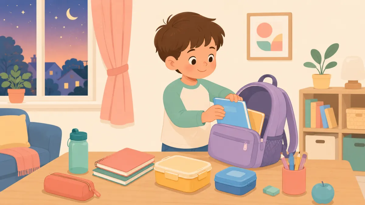 Child organizing a backpack during a home routine