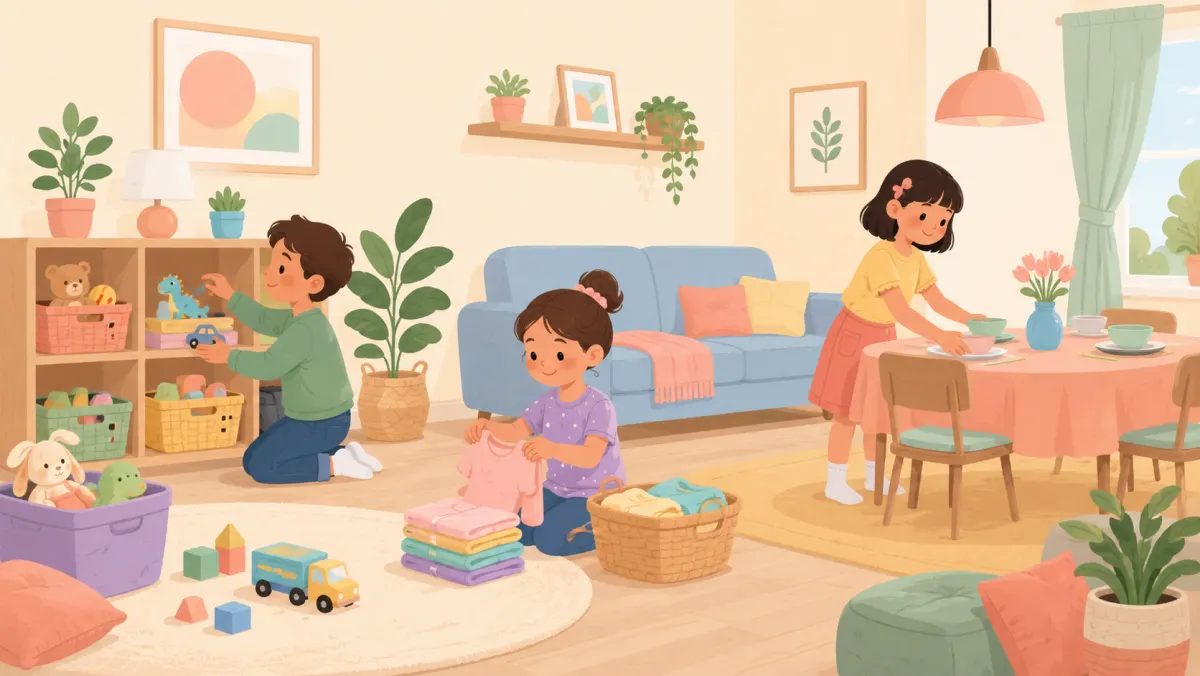 Children helping with simple household chores in a cozy family room