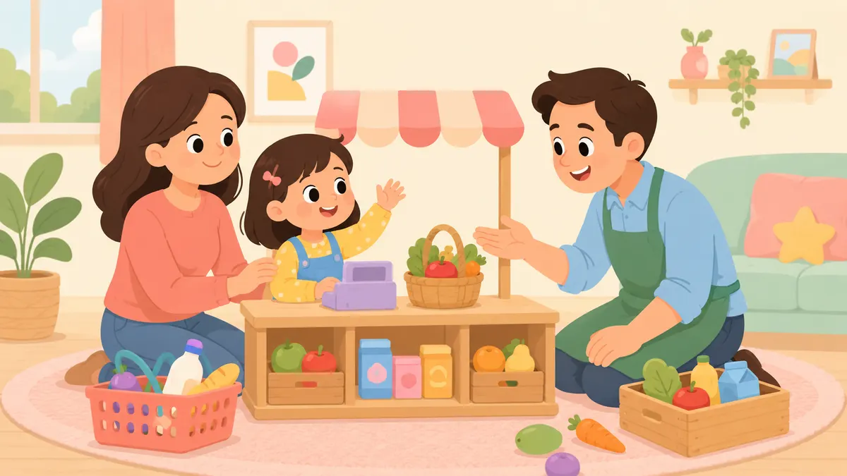 A child practices greeting a shopkeeper with a parent using toy groceries.