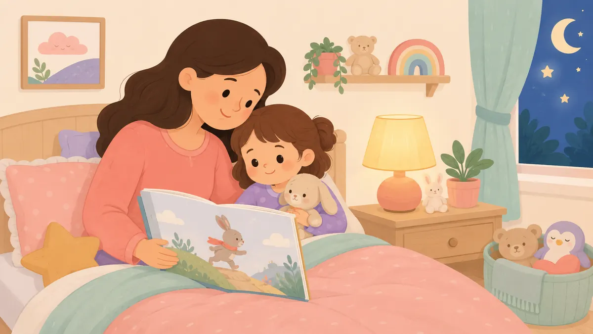 A parent and child read a bedtime story about a small animal being brave.