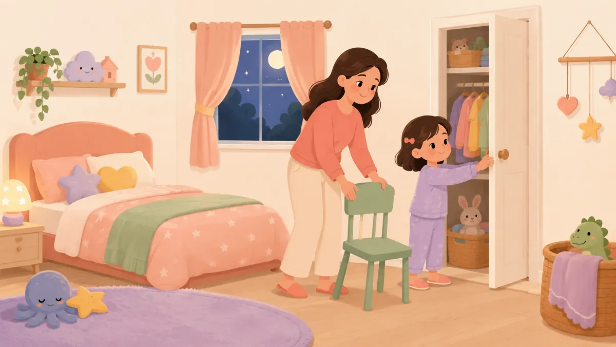 Parent and child making the bedroom feel calm and familiar before sleep.