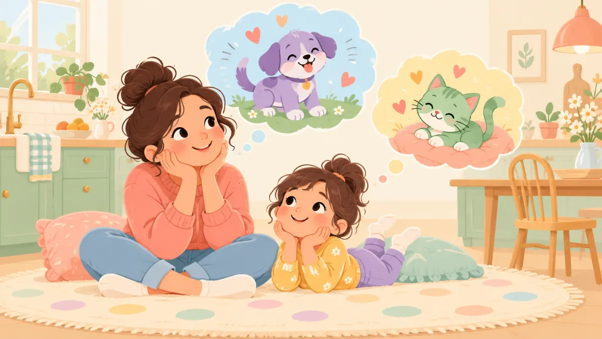 Parent and young child imagining a purple puppy and green kitten during a playful conversation.