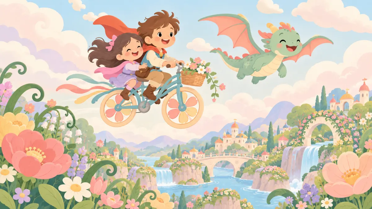 Two siblings imagining a magical adventure on a flying bicycle with a friendly dragon.