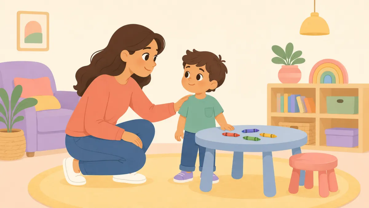 Parent getting a child’s attention at eye level beside a table with crayons.