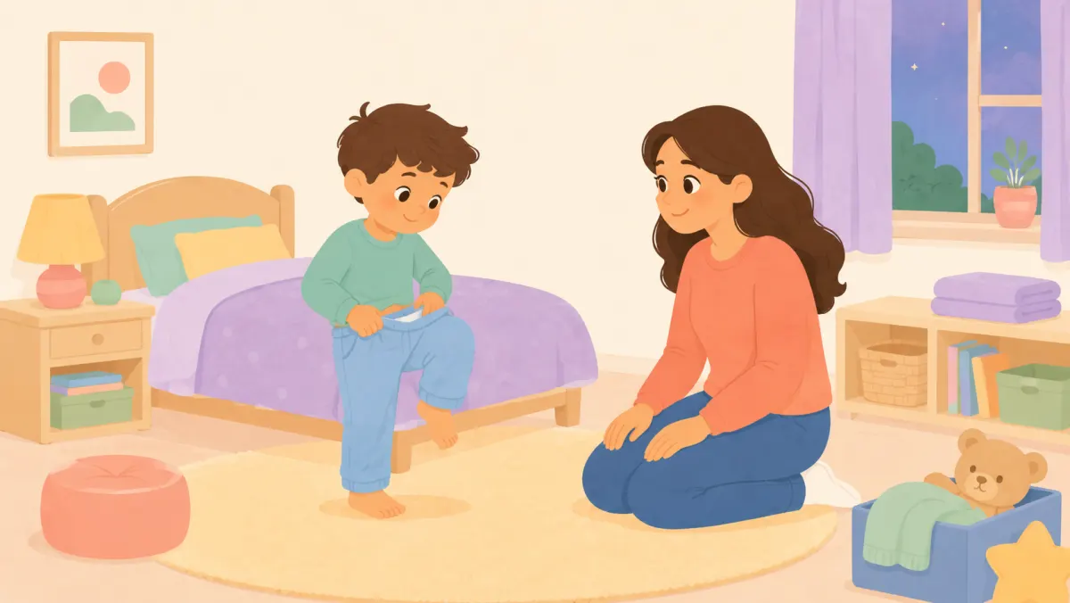 Child putting on pajamas while a parent waits calmly nearby.