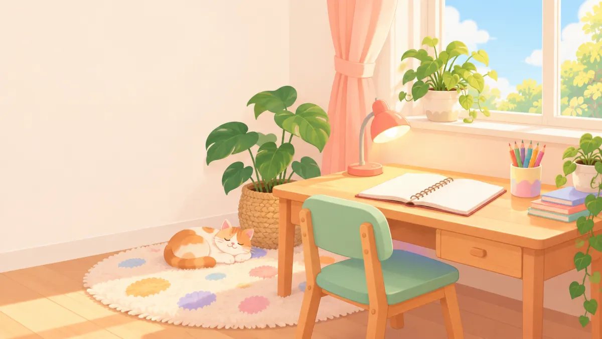 A tidy homework corner with a notebook, colorful pencils, comfortable chair, and soft lighting.
