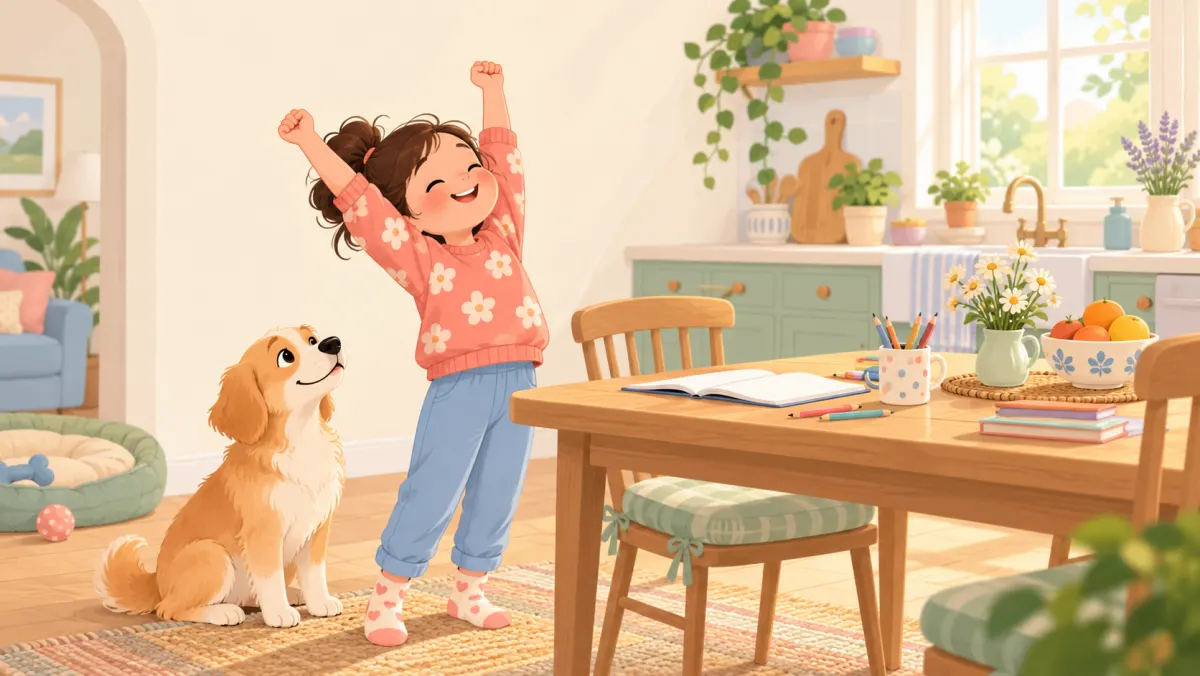 A child stretches beside the kitchen table during a short homework break while a dog watches.
