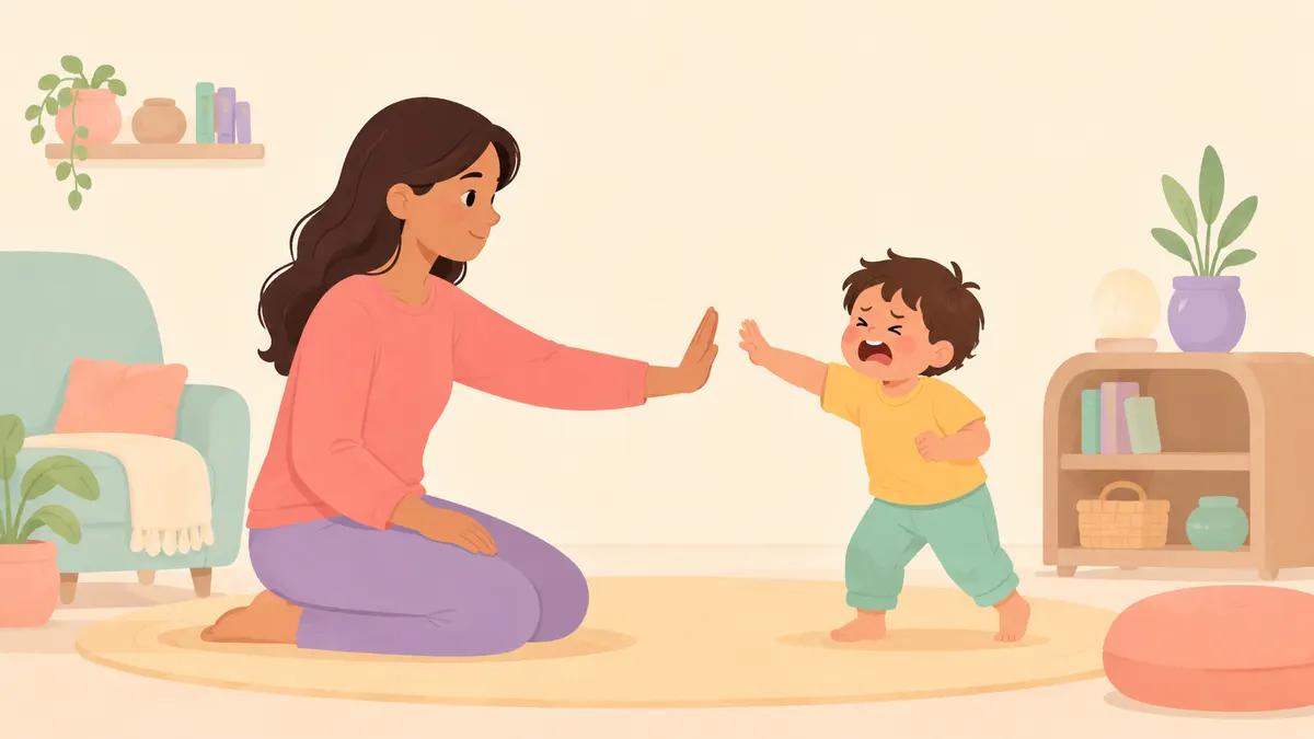 A parent calmly stops a toddler from hitting.