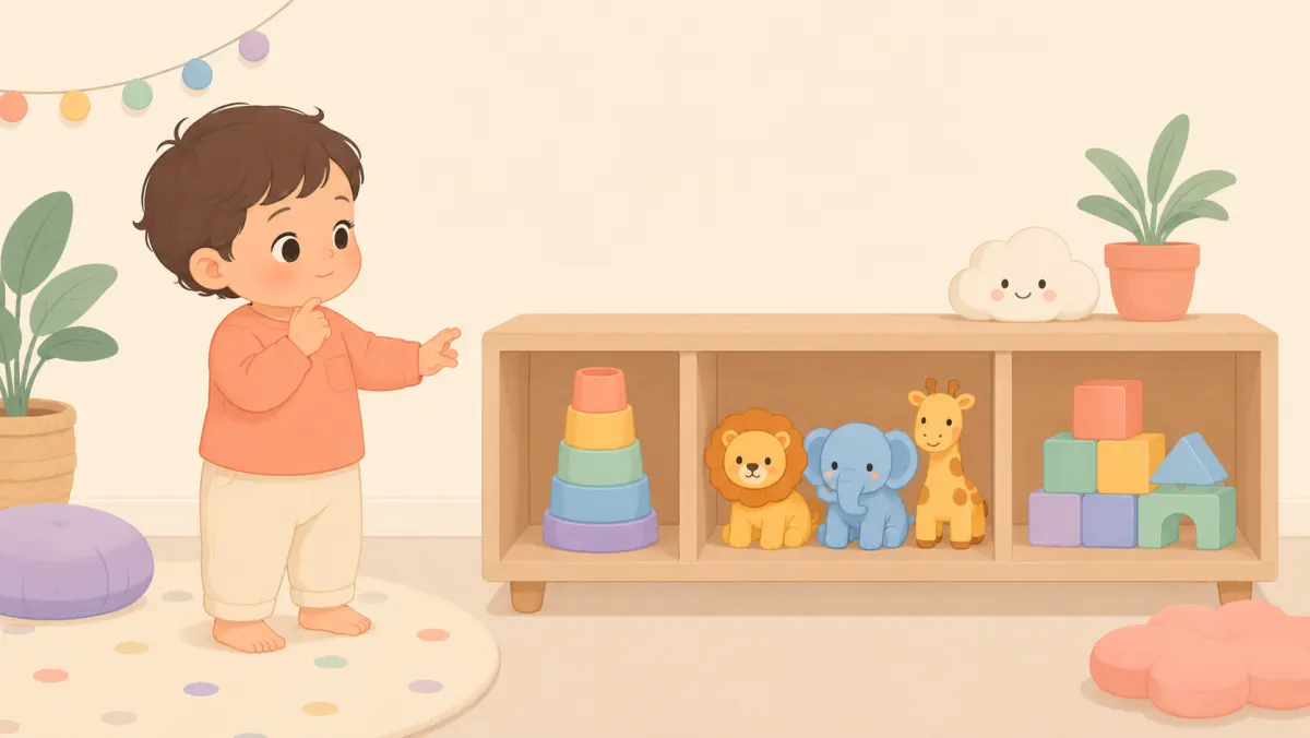 Toddler chooses from a few simple toys on a low shelf.
