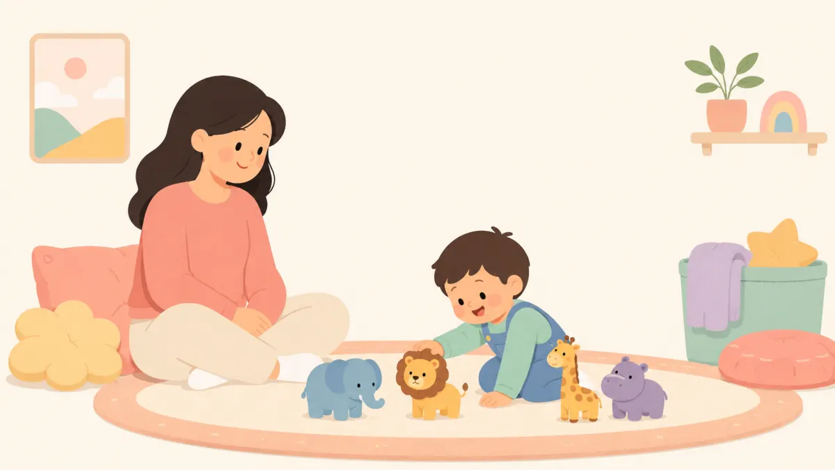 Parent sits nearby while a toddler plays with toy animals.