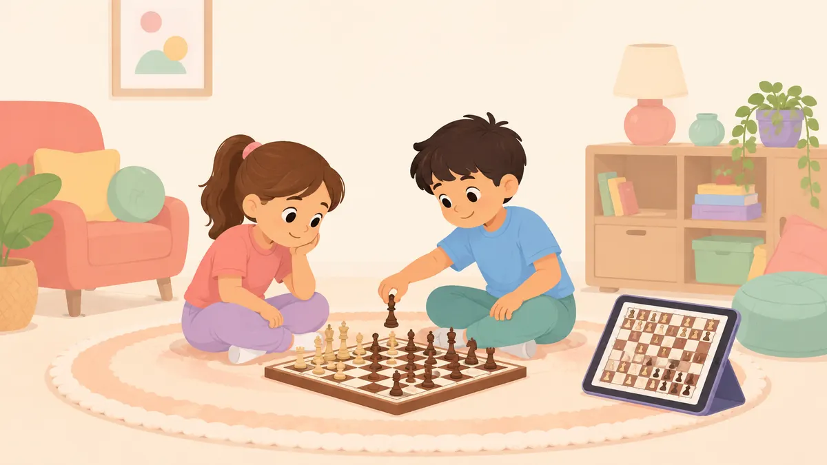 Two children playing chess on the floor with a tablet nearby.