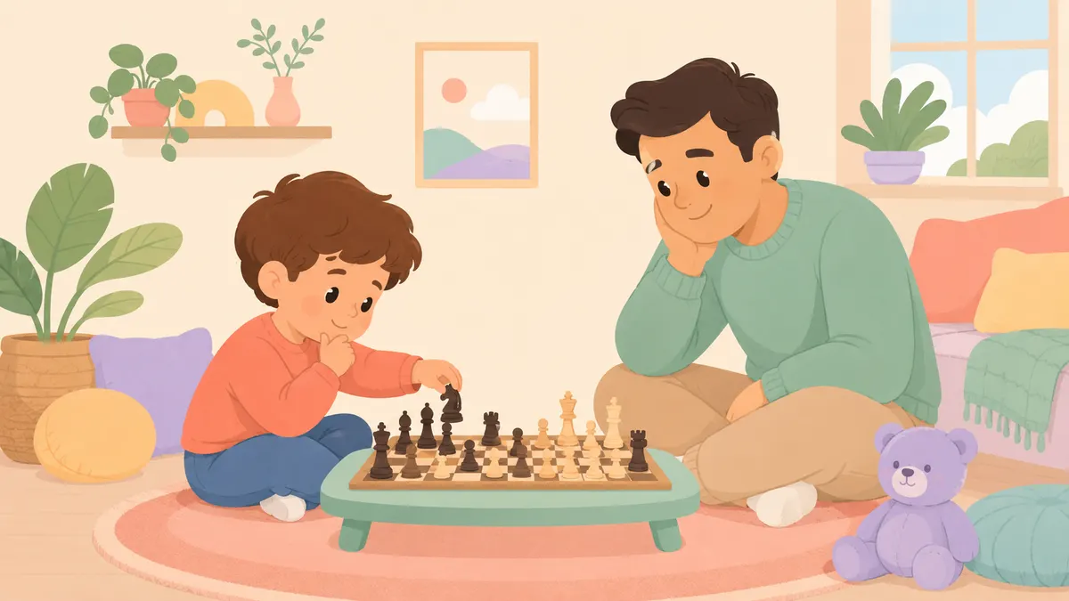 Child thinking before moving a chess piece with a parent nearby.