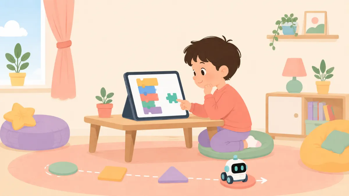 Child testing a toy robot while using visual coding blocks on a tablet.