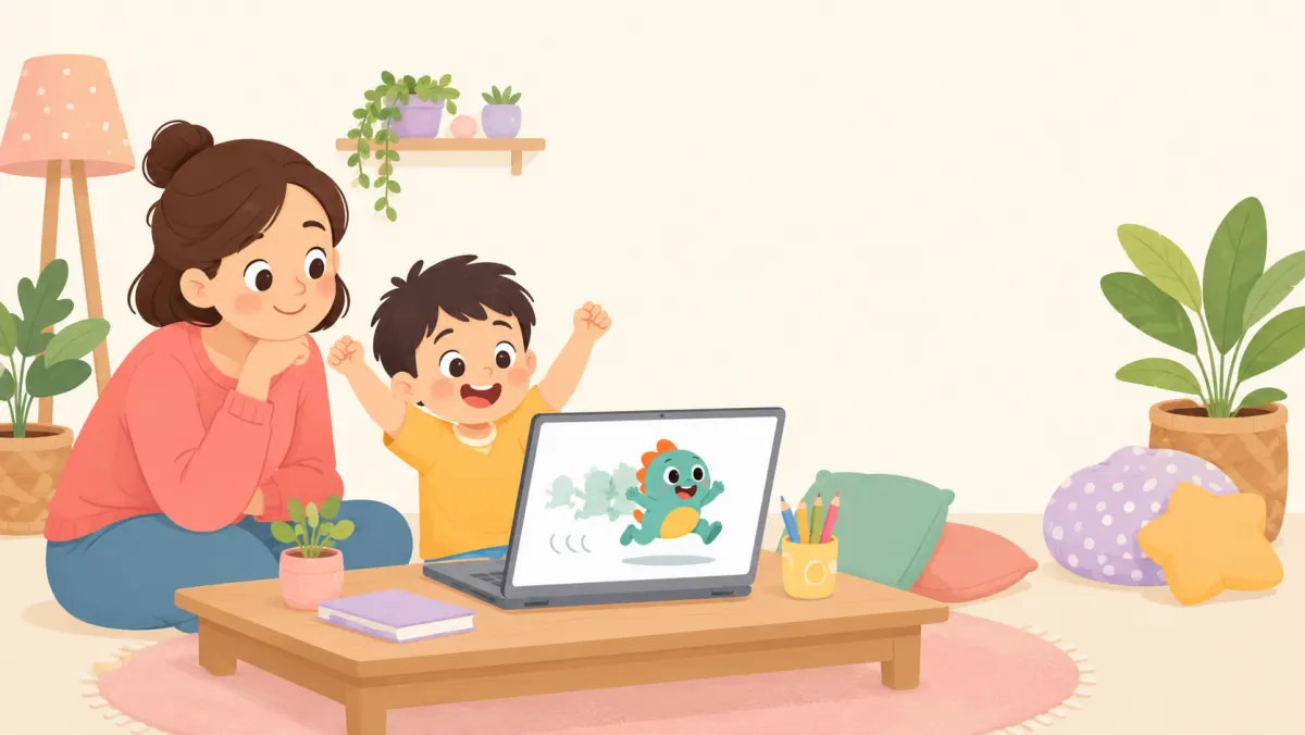 Parent beside a child after the child fixes an animation on a laptop.