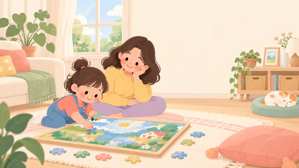 Child exploring a math puzzle with a parent nearby