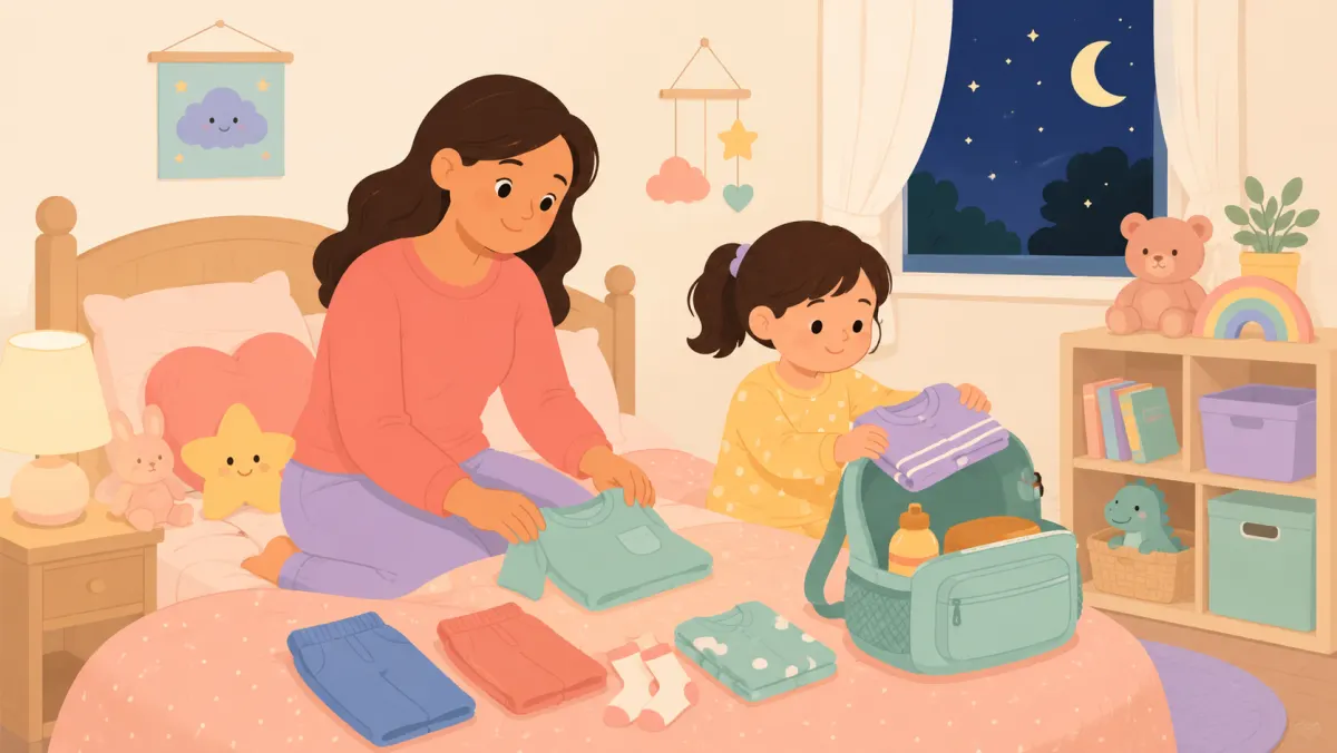 Parent and child preparing clothes and a backpack together the night before school.