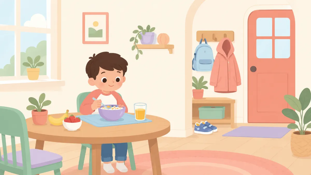 Child eating breakfast while school shoes and a coat wait near the door.