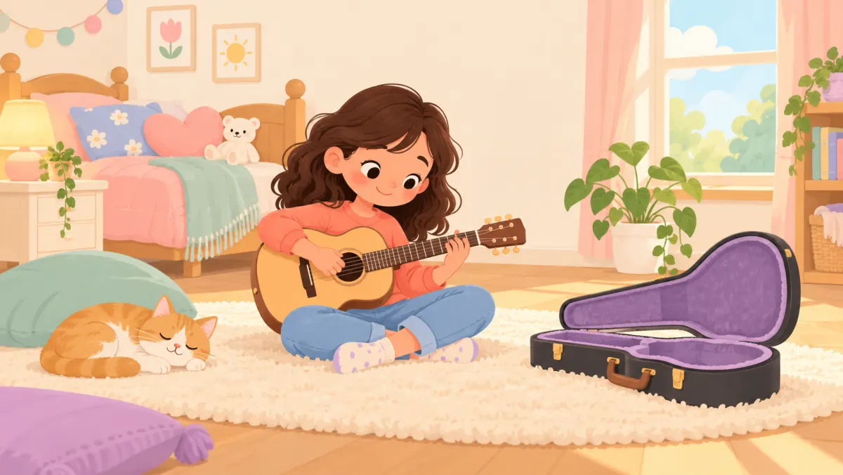 Child practicing a short melody on a guitar in a cozy bedroom.