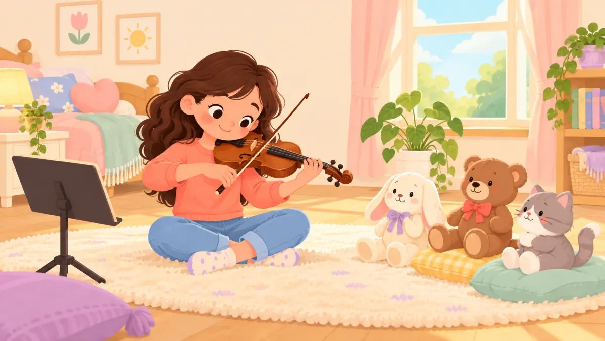 Child playing violin for a playful audience of stuffed animals.