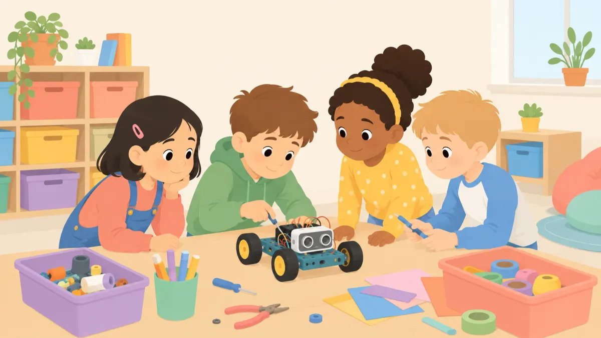 Two children testing a small robot while one points to a loose wheel.