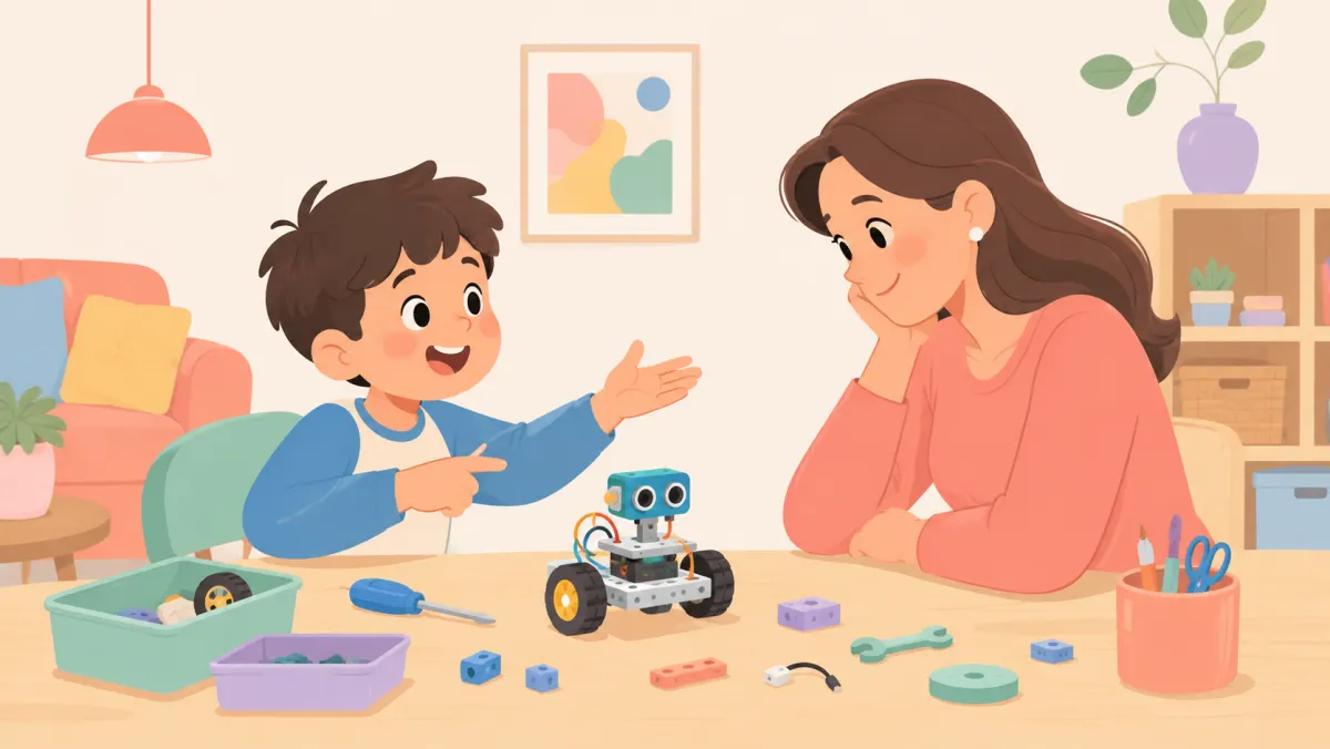 A parent listening as a child explains a robotics project after practice.