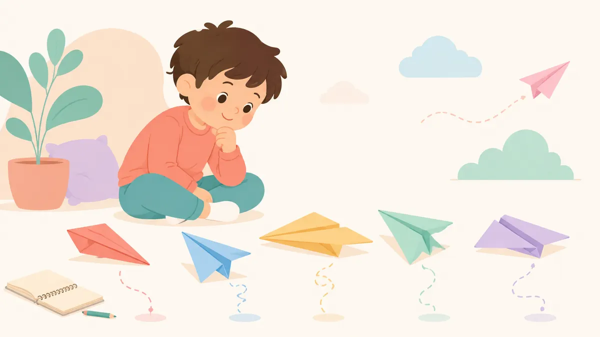 Child comparing paper airplanes after testing how they fly.