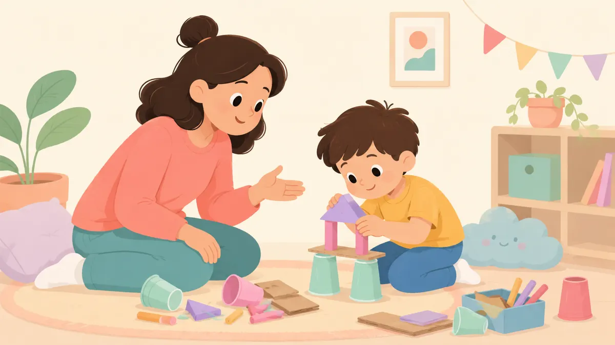 Parent supports a child adjusting a small building experiment after it falls.