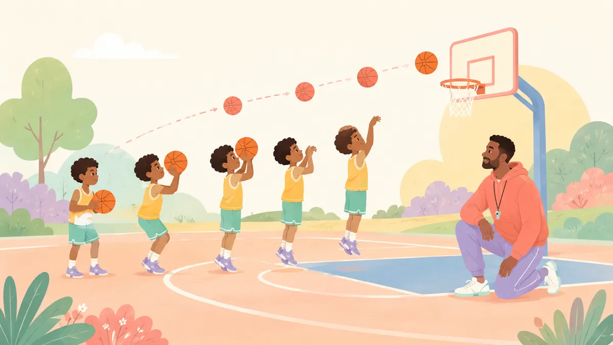 Young basketball player practicing a shot with a coach nearby.