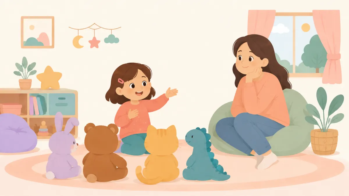 Child practicing a story at home with stuffed animals and a parent nearby.