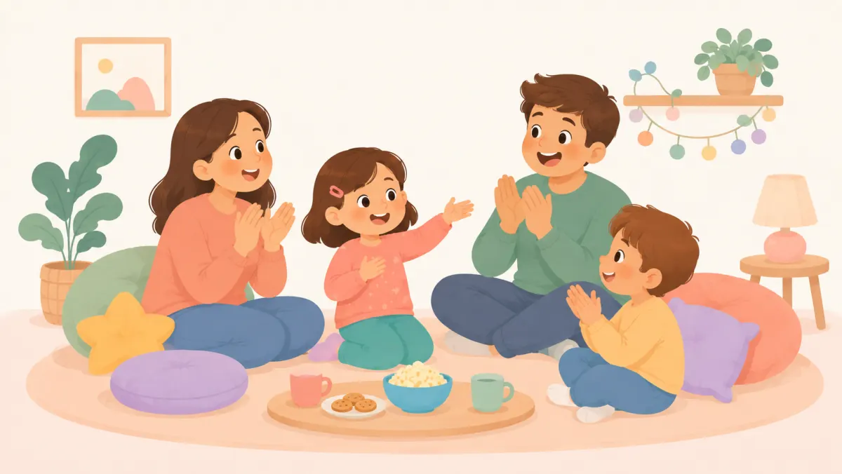 Family warmly celebrating after a child finishes telling a story.
