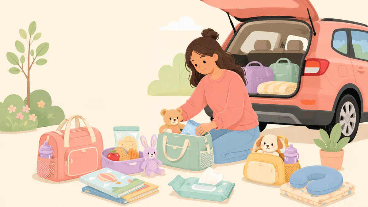 Parent packing simple travel bags with snacks, books, wipes, and toys.