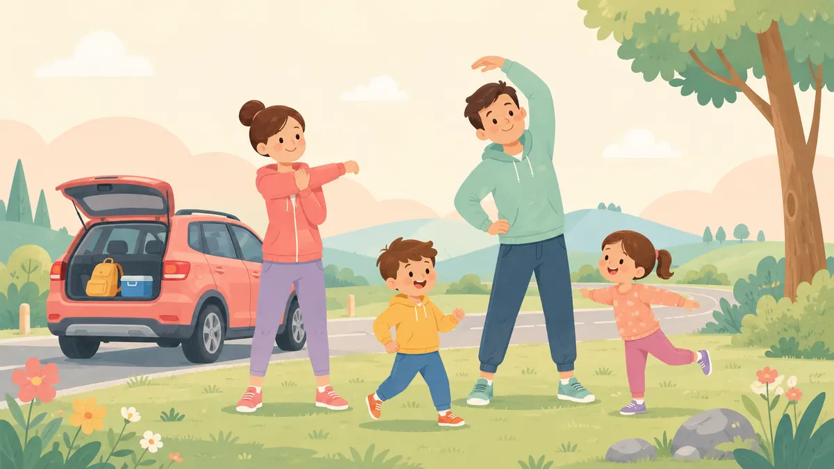 Family stretching and walking during a roadside break beside their car.