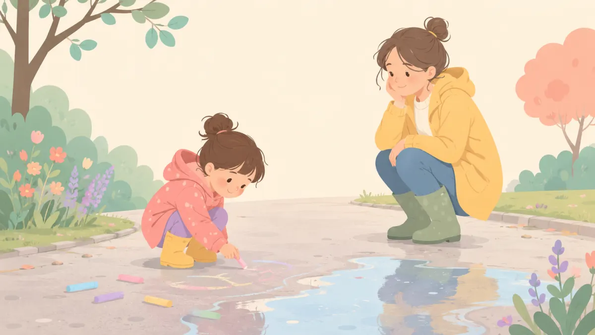 A child in rain boots drawing with chalk beside a puddle.