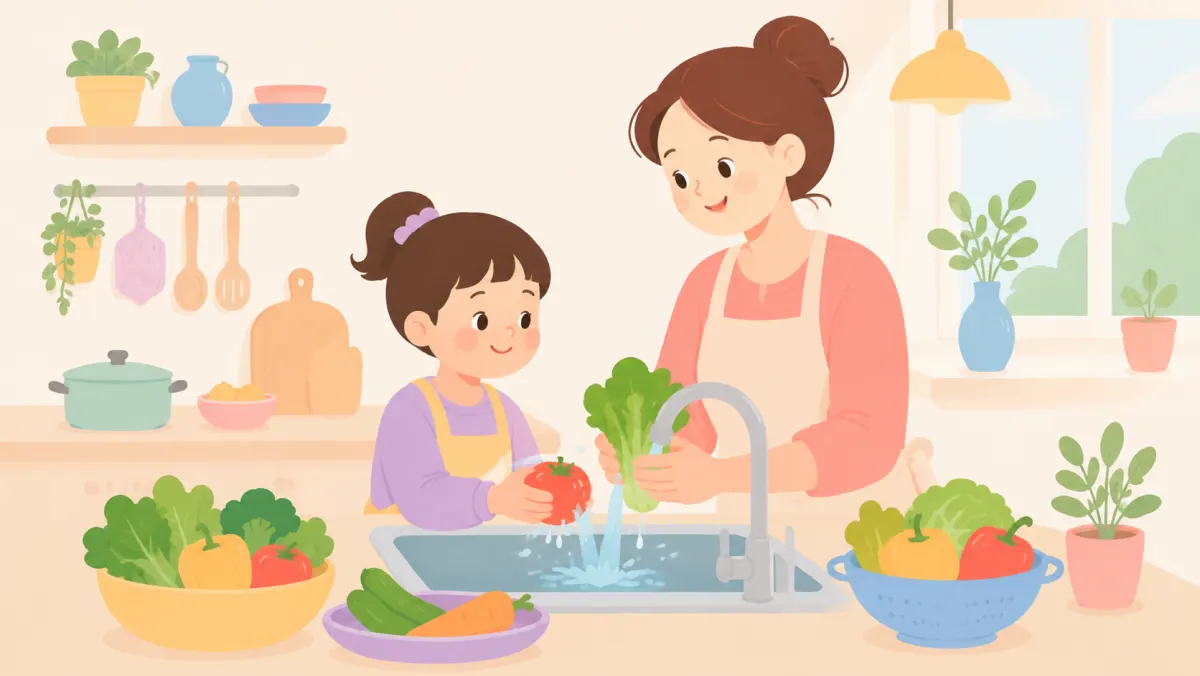 Child helping a parent prepare vegetables in the kitchen.
