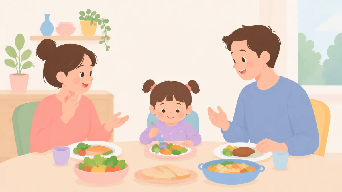 Family enjoying a relaxed dinner conversation together.