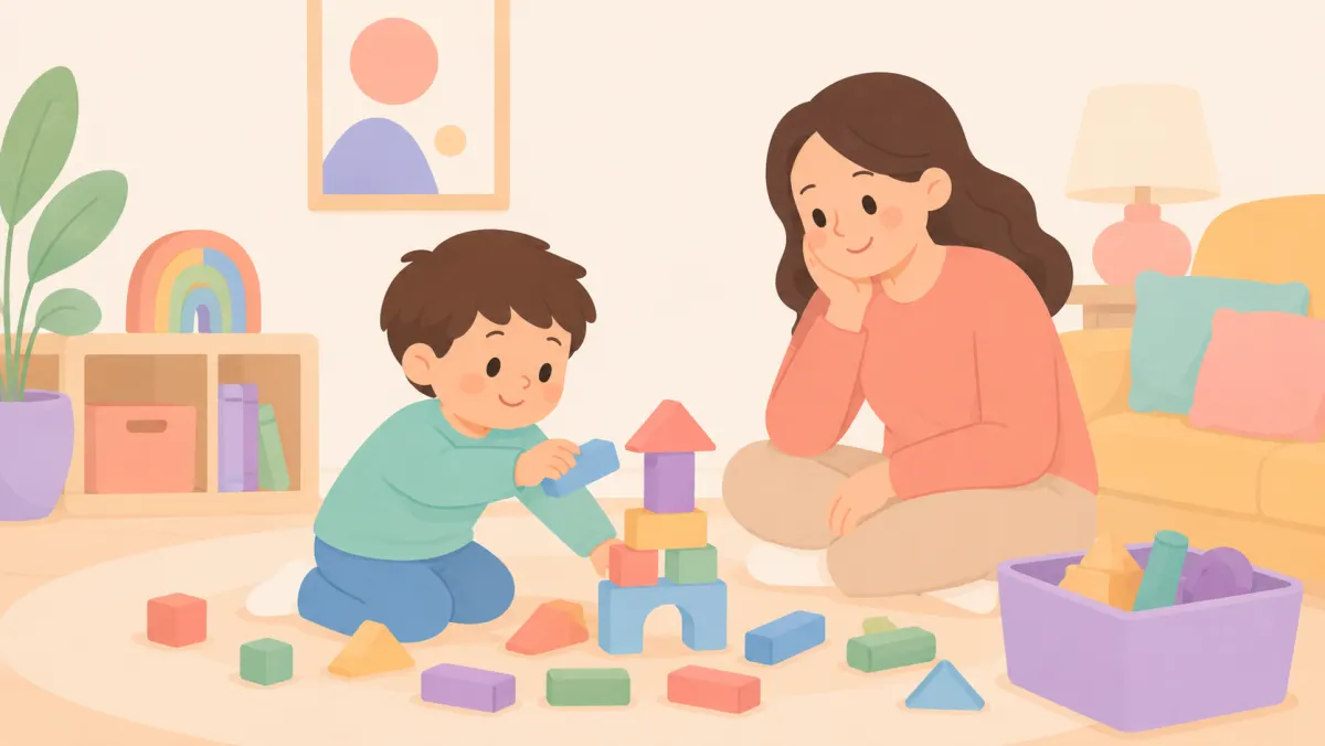 Child rebuilding a block tower with a supportive parent nearby