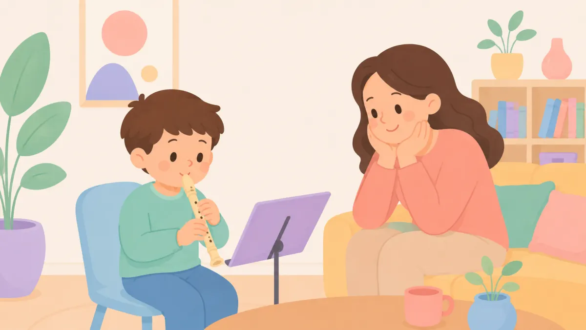 Child practicing music while a parent listens