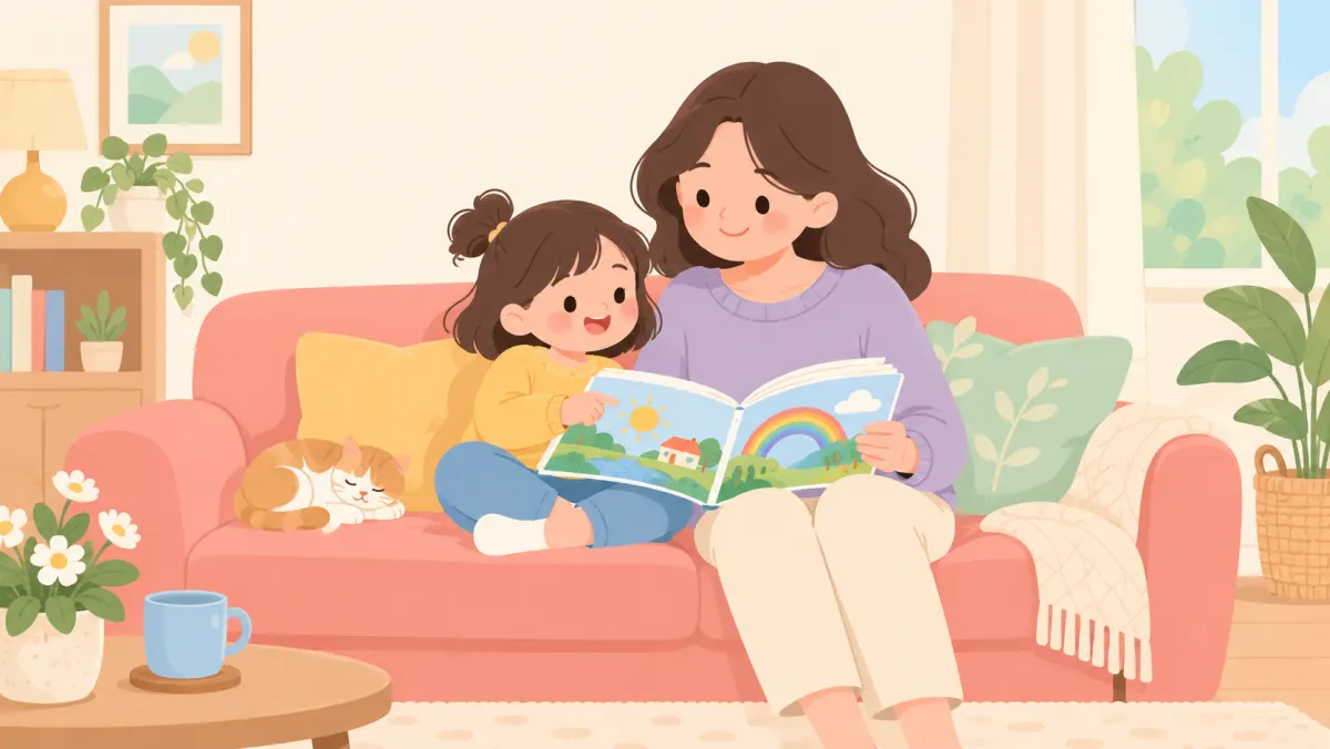 Child sharing ideas from a book with a listening parent.