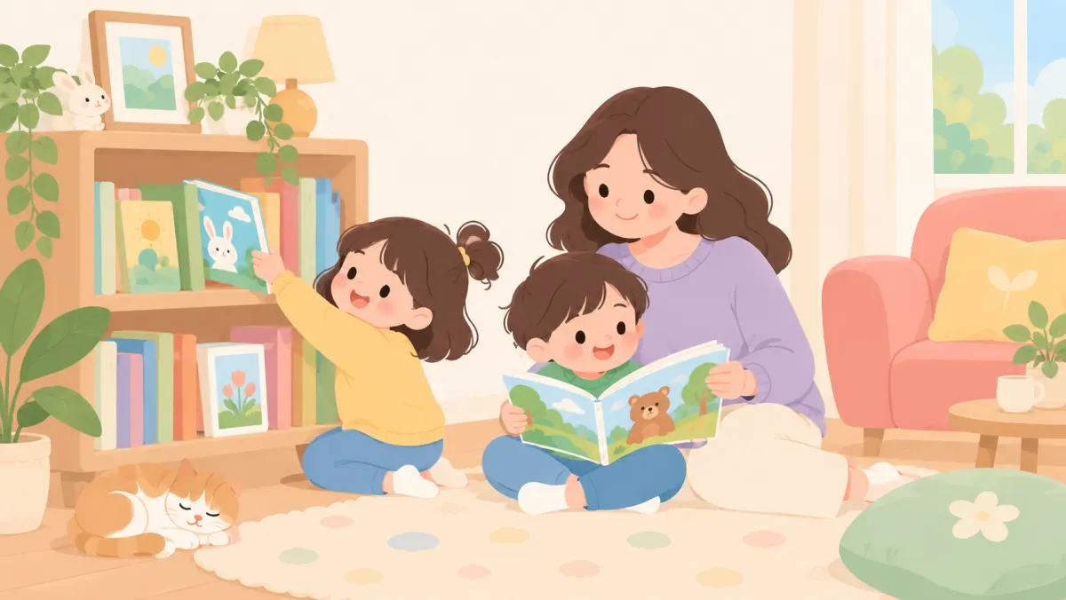 Family choosing books together at home.