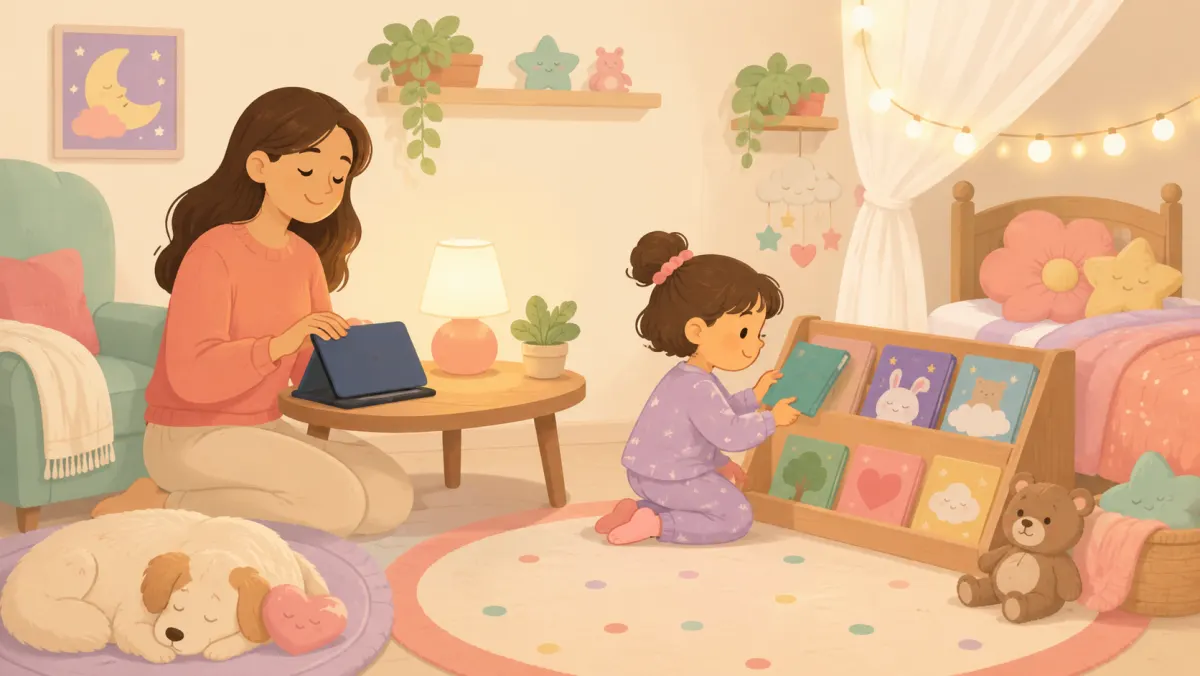 Parent ends screen time while child chooses a bedtime book.
