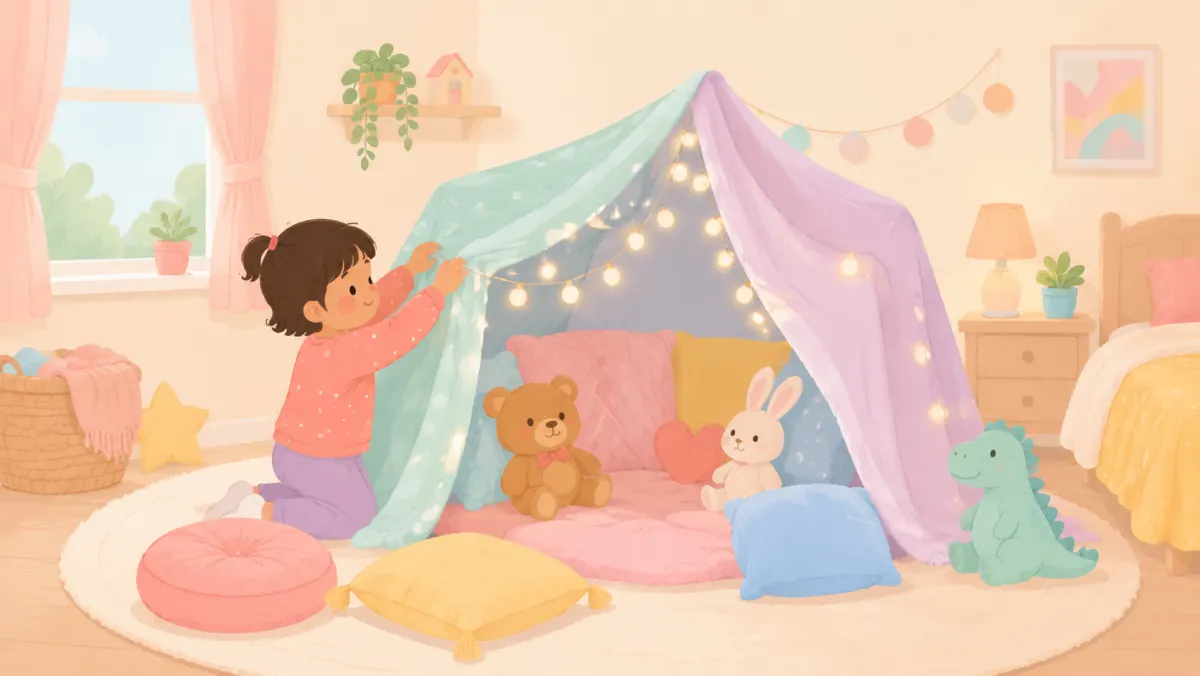 Child building a cozy blanket fort indoors