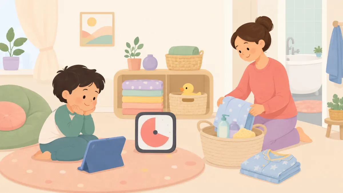 Child watches a timer as a parent prepares for bath time.
