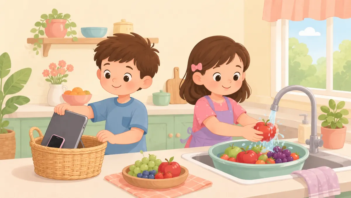 Two siblings put away devices and help wash fruit.