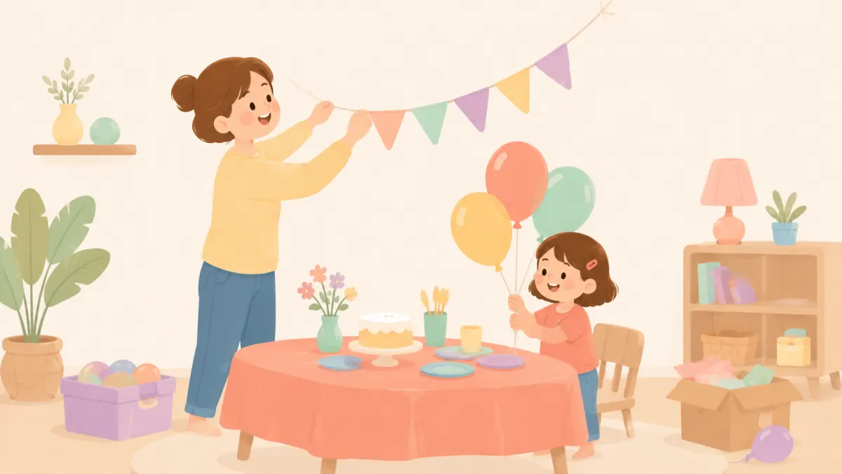 Parent and child preparing simple birthday decorations together