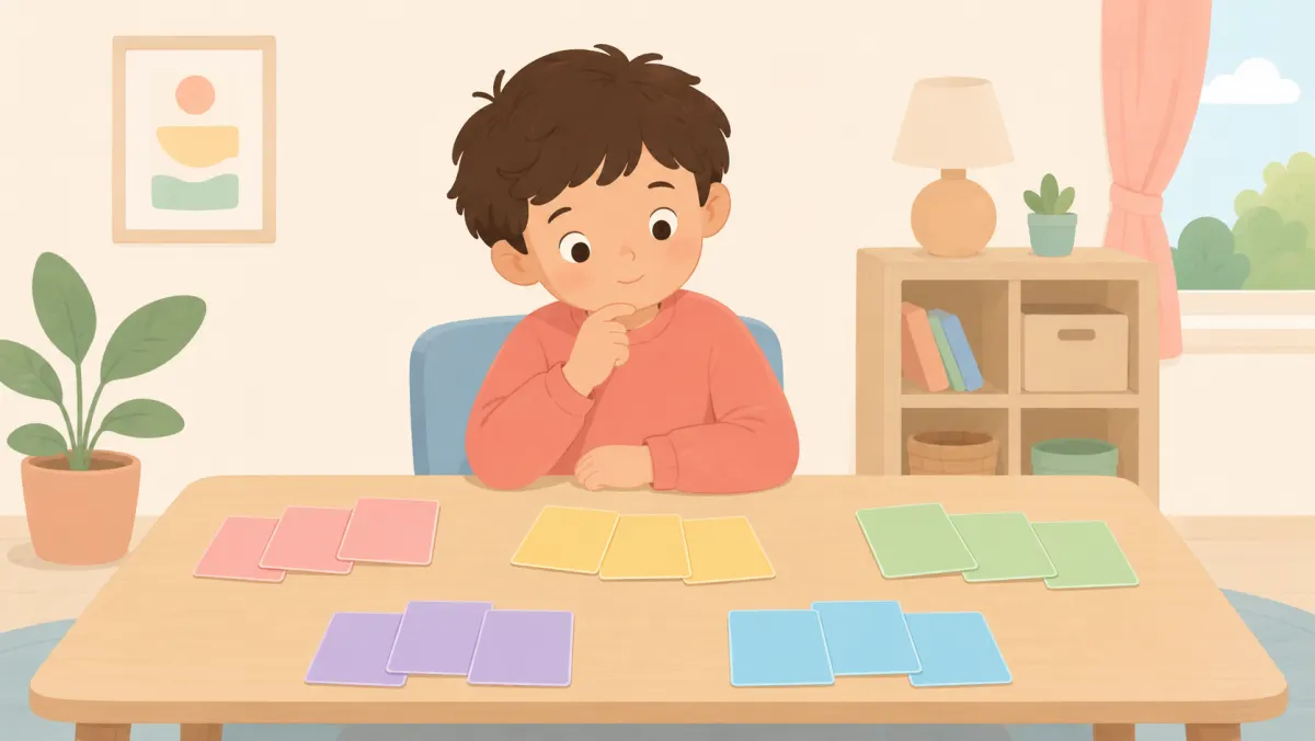 Child sorting blank colorful cards into groups during a memory practice activity.
