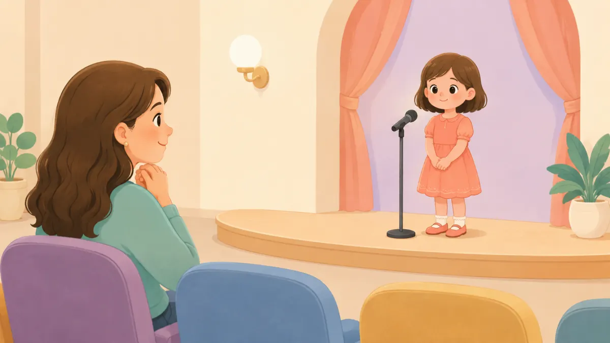 Child standing calmly at a microphone with a supportive parent watching.