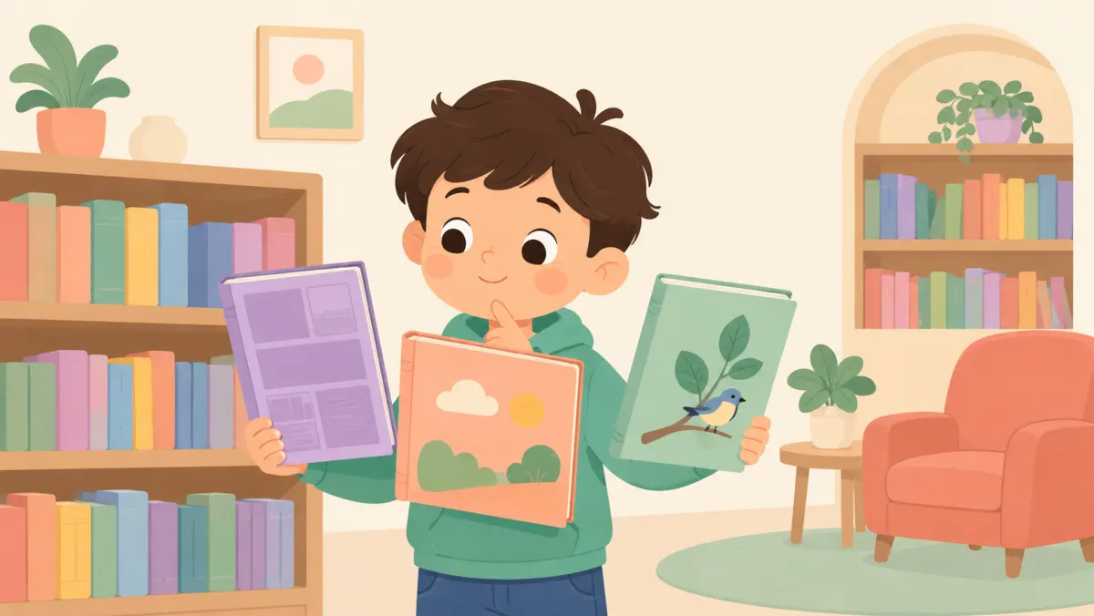 Child comparing several kinds of books at a library shelf.