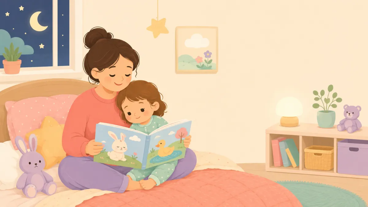 A parent reads one short bedtime book to a tired toddler.