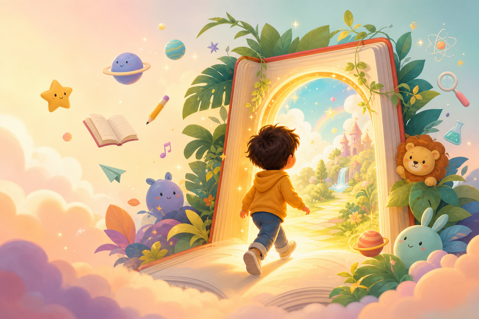 Child stepping into a glowing storybook portal